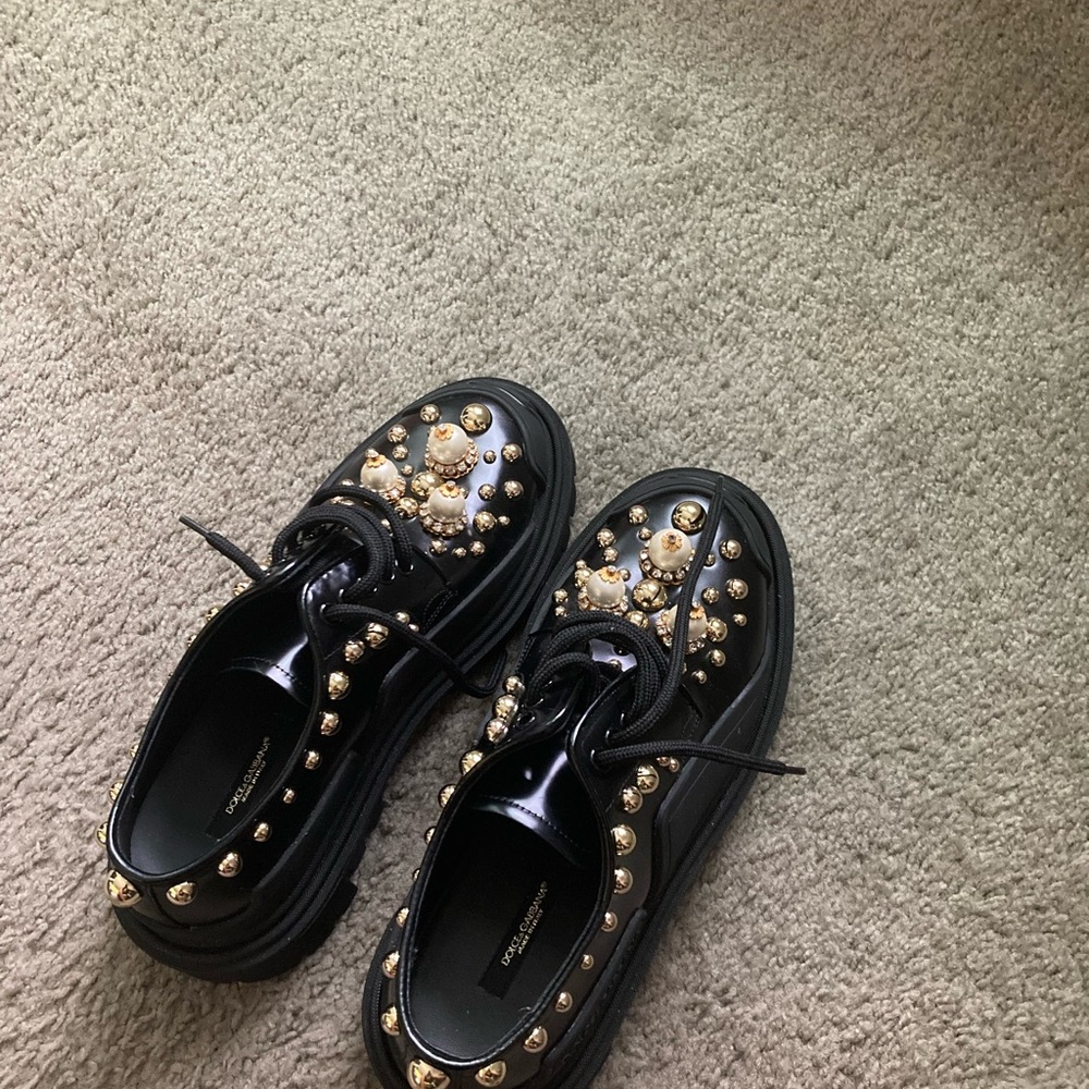 Black Studded Shoes with Gold Accents